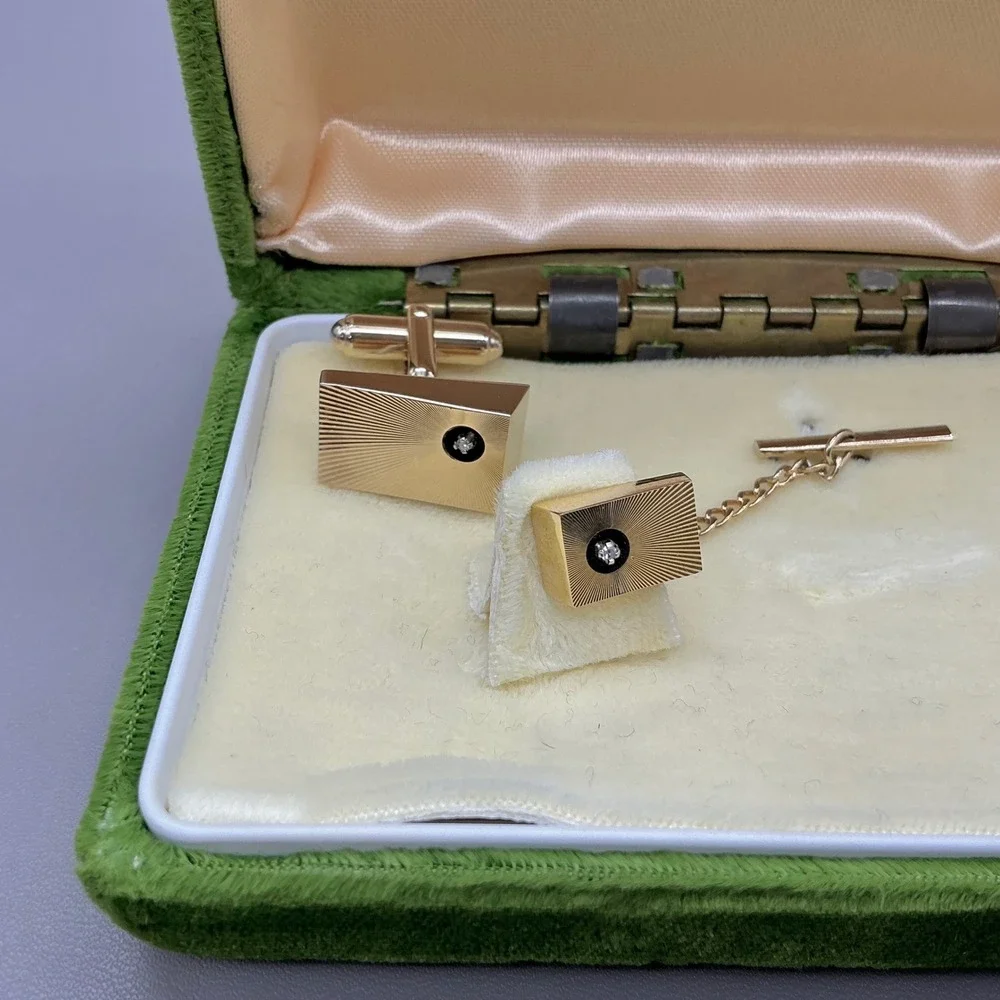 Anson Cufflinks Set Men 24KT Gold Plated Genuine Diamond Heavy Electroplate